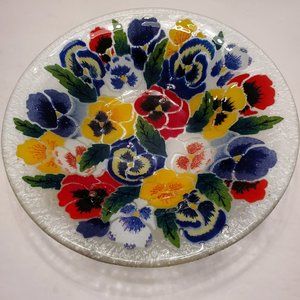 Peggy Karr 10.5" Pansies Fused Colored Art Glass Flowers Centerpiece Bowl